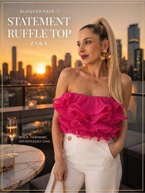 ZARA Pink Ruffle Statement Top ✨ Blogger Fave Strapless Euro Chic Rooftop Glam